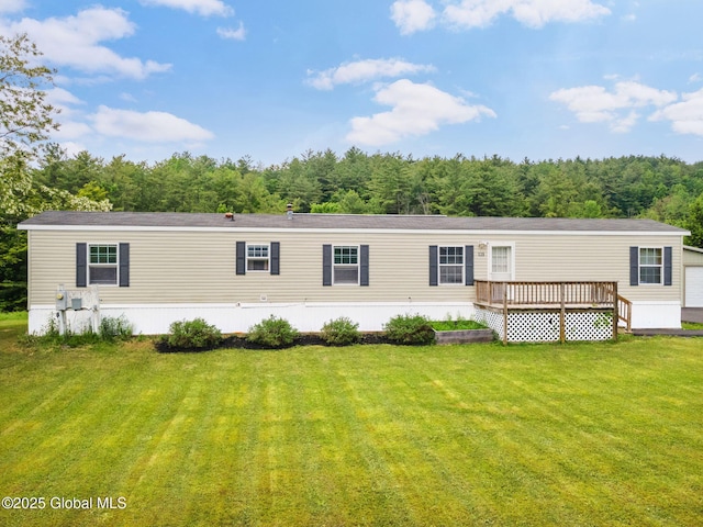 131 Abrams Rd, Wright, NY 12023 - back of house with a wooden deck, a lawn, and a view of trees