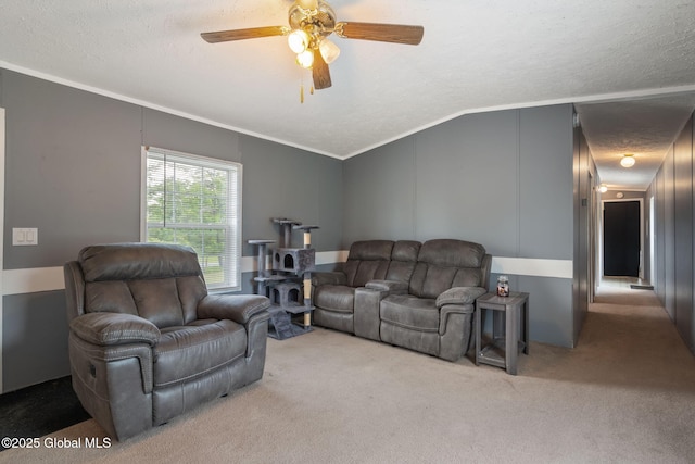 131 Abrams Rd, Wright, NY 12023 - living area with carpet flooring, crown molding, a ceiling fan, lofted ceiling, and a textured ceiling