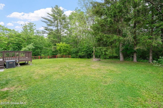 16 Smith Ln, East Greenbush, NY 12144 - view of yard with central air condition unit, a wooden deck, and a wooded view