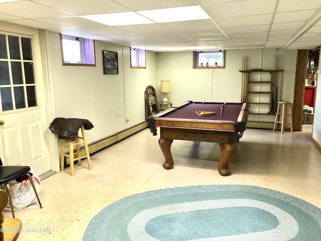 607 Gansevoort Rd, Moreau, NY 12803 - rec room featuring healthy amount of natural light, tile patterned floors, billiards, a baseboard radiator, and a paneled ceiling