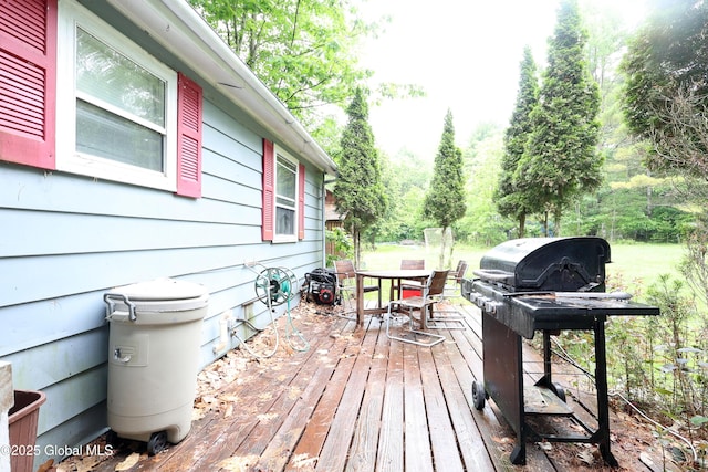 68 Elks Glade Rd, Chester, NY 12817 - wooden terrace with outdoor dining area, grilling area, and view of scattered trees