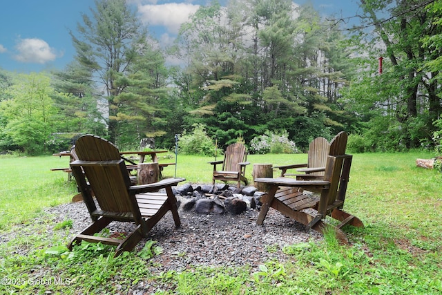 68 Elks Glade Rd, Chester, NY 12817 - view of green lawn with a fire pit and a forest view