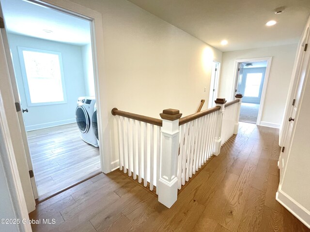 1 Jennifer Ln, Milton, NY 12020 - hallway featuring an upstairs landing, wood finished floors, recessed lighting, washer and clothes dryer, and baseboards