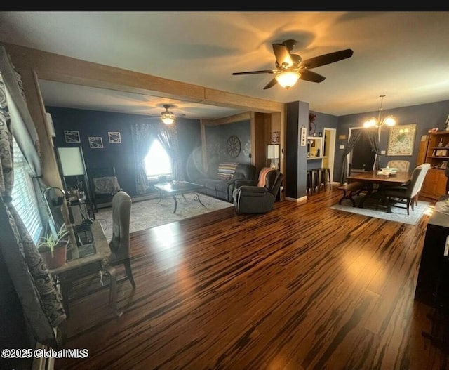 13 Hawk St, Amsterdam, NY 12010 - living room featuring ceiling fan, wood finished floors, a chandelier, and baseboards