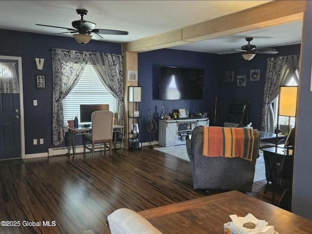 13 Hawk St, Amsterdam, NY 12010 - living room featuring a ceiling fan, baseboards, wood finished floors, and an office area