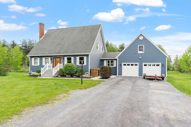 1396 Barton Hill Rd, Wright, NY 12053 - new england style home with a chimney, asphalt driveway, a front yard, and roof with shingles