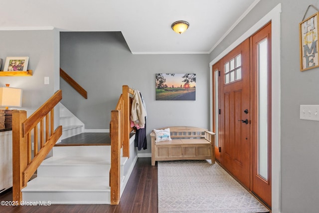 1396 Barton Hill Rd, Wright, NY 12053 - entryway featuring ornamental molding, wood finished floors, stairway, and baseboards