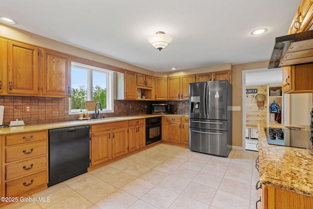 1396 Barton Hill Rd, Wright, NY 12053 - kitchen with black appliances, a sink, light tile patterned flooring, tasteful backsplash, and recessed lighting