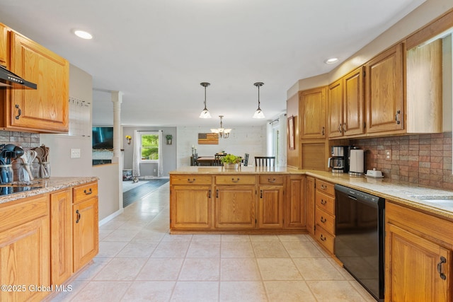 1396 Barton Hill Rd, Wright, NY 12053 - kitchen with black dishwasher, a peninsula, backsplash, decorative light fixtures, and light tile patterned floors