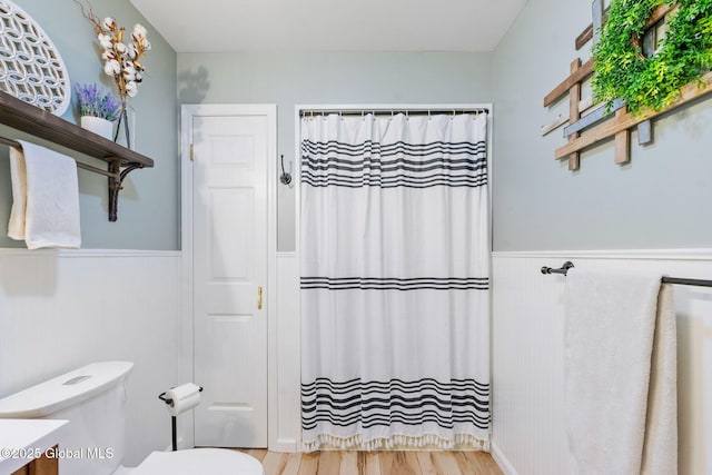 1396 Barton Hill Rd, Wright, NY 12053 - full bath featuring a wainscoted wall, wood finished floors, toilet, a shower with curtain, and vanity