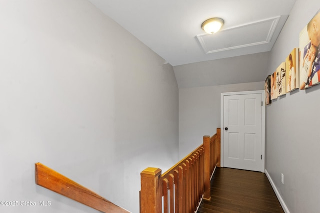 1396 Barton Hill Rd, Wright, NY 12053 - hallway with attic access, an upstairs landing, dark wood-style flooring, lofted ceiling, and baseboards