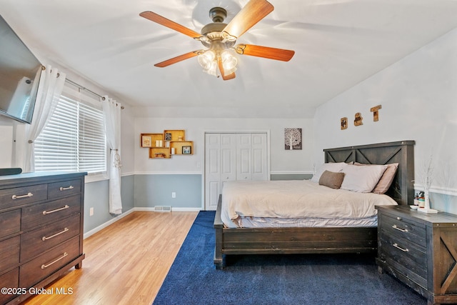 1396 Barton Hill Rd, Wright, NY 12053 - bedroom with light wood finished floors, a ceiling fan, baseboards, and a closet