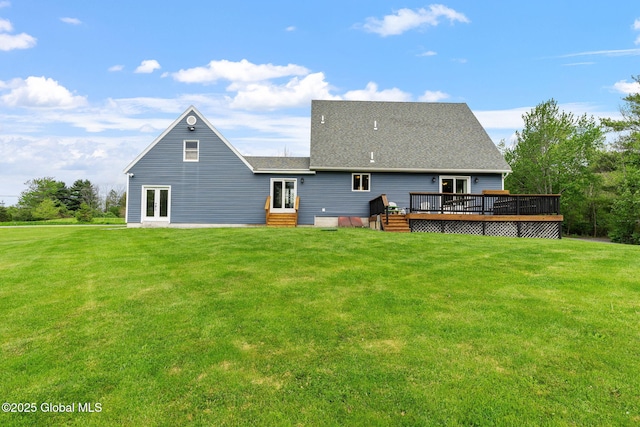 1396 Barton Hill Rd, Wright, NY 12053 - rear view of property featuring a wooden deck, a lawn, french doors, and entry steps