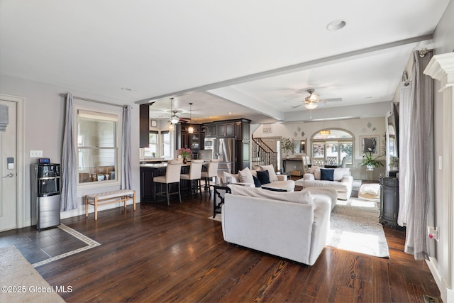 195 W Circular St, Saratoga Springs, NY 12866 - living area with ceiling fan, stairs, and dark wood-style flooring