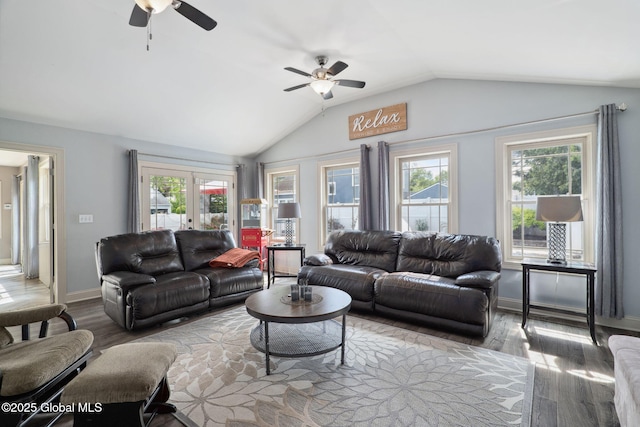 195 W Circular St, Saratoga Springs, NY 12866 - living area featuring a ceiling fan, plenty of natural light, wood finished floors, and vaulted ceiling