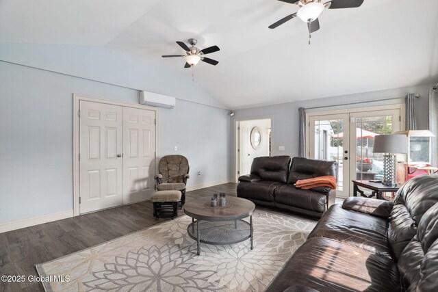 195 W Circular St, Saratoga Springs, NY 12866 - living area with vaulted ceiling, wood finished floors, a wall mounted AC, a ceiling fan, and french doors
