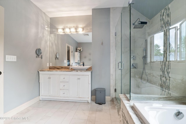 195 W Circular St, Saratoga Springs, NY 12866 - bathroom featuring a marble finish shower, a bath, vanity, and marble look tile flooring