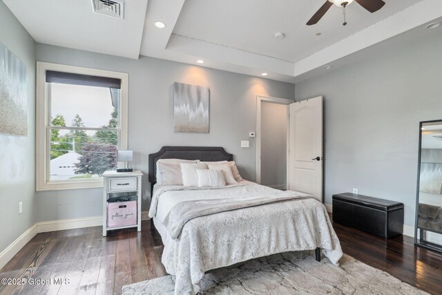 195 W Circular St, Saratoga Springs, NY 12866 - bedroom featuring wood-type flooring, a raised ceiling, a ceiling fan, and recessed lighting