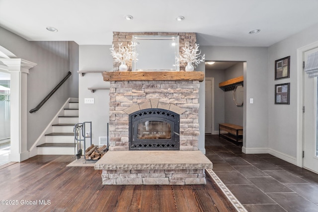 195 W Circular St, Saratoga Springs, NY 12866 - living room with a fireplace and stairway