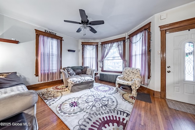 58 N Allen St, Albany, NY 12203 - living room featuring radiator, wood-type flooring, a ceiling fan, baseboards, and crown molding