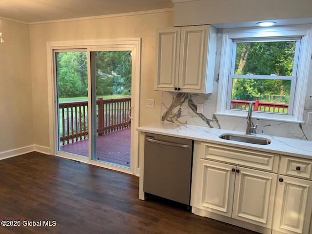 311 Old Loudon Rd, Colonie, NY 12110 - kitchen featuring stainless steel dishwasher, ornamental molding, dark wood-style flooring, light stone counters, and backsplash