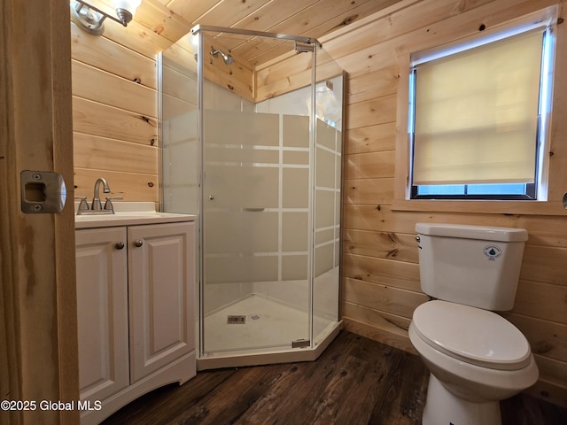 85 Hunt Lake Rd, Corinth, NY 12822 - full bath featuring wood finished floors, a shower stall, wooden walls, toilet, and vanity