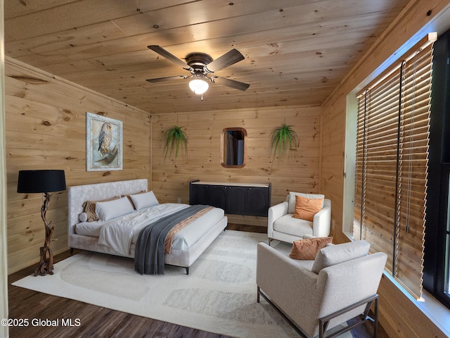 85 Hunt Lake Rd, Corinth, NY 12822 - bedroom with wood ceiling, wood walls, wood finished floors, and a ceiling fan
