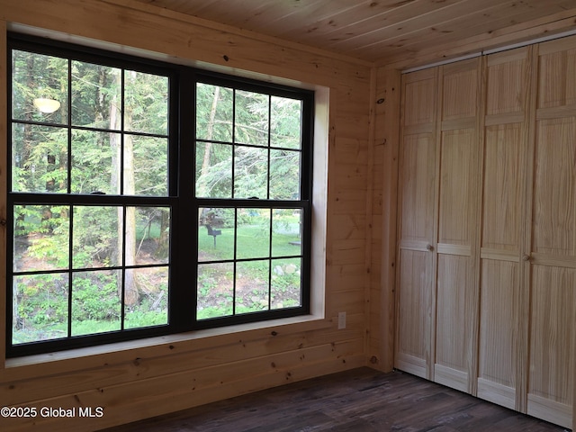 85 Hunt Lake Rd, Corinth, NY 12822 - unfurnished bedroom with wooden ceiling, wooden walls, and dark wood-type flooring