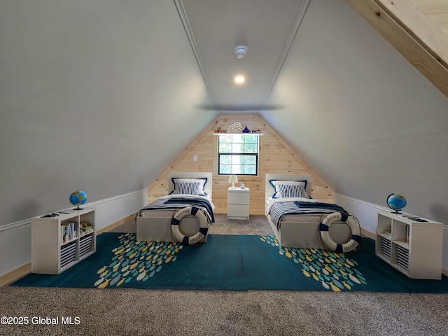 85 Hunt Lake Rd, Corinth, NY 12822 - unfurnished bedroom with carpet flooring, vaulted ceiling, wooden walls, and baseboards