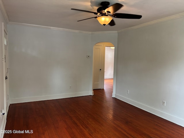 1922 Regent St, Niskayuna, NY 12309 - empty room featuring arched walkways, ceiling fan, dark wood-type flooring, and ornamental molding