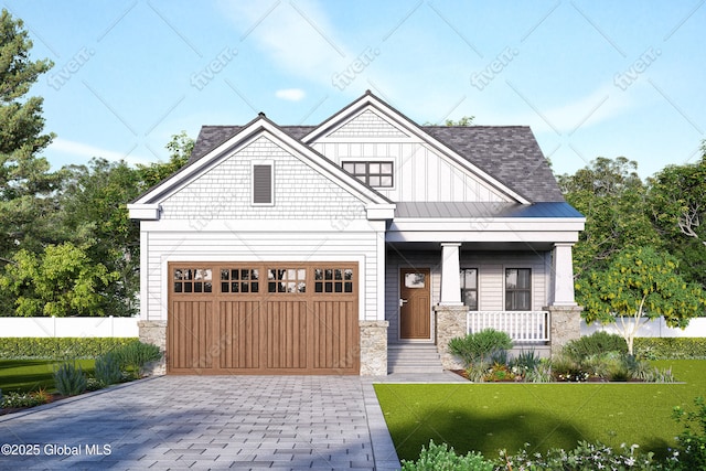 2 Jennifer Ln, Milton, NY 12020 - view of front of house with a porch, stone siding, decorative driveway, board and batten siding, and roof with shingles
