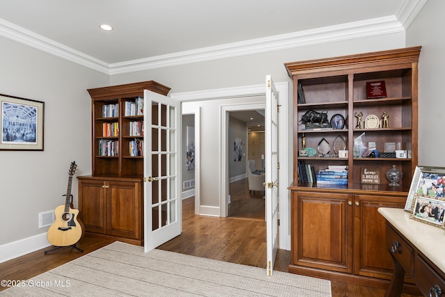 1 Stoneridge Dr, Colonie, NY 12211 - office space with ornamental molding, dark wood finished floors, and recessed lighting