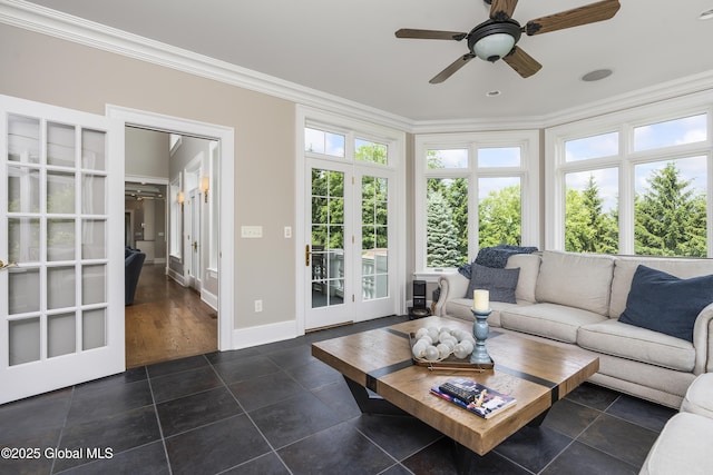 1 Stoneridge Dr, Colonie, NY 12211 - tiled living area featuring french doors, crown molding, and a ceiling fan