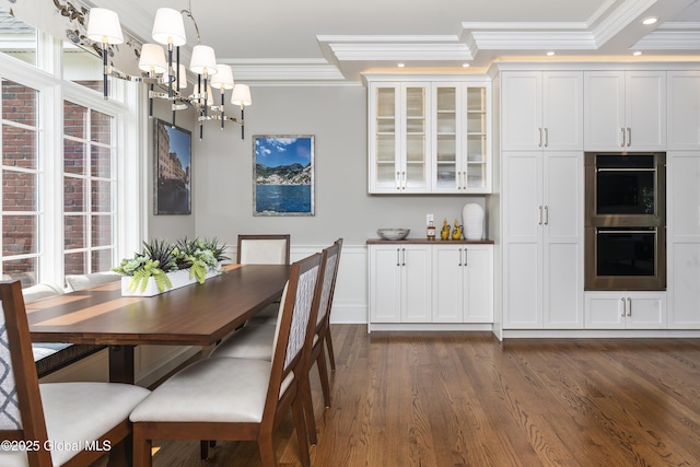 1 Stoneridge Dr, Colonie, NY 12211 - dining area with crown molding, a chandelier, dark wood-type flooring, and recessed lighting