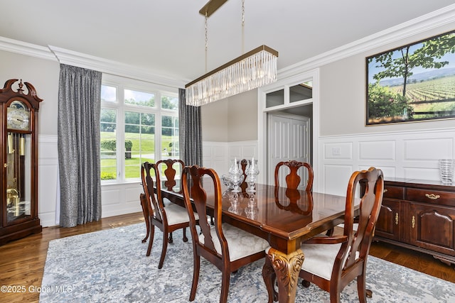 1 Stoneridge Dr, Colonie, NY 12211 - dining room featuring a decorative wall, crown molding, a chandelier, wainscoting, and dark wood-type flooring
