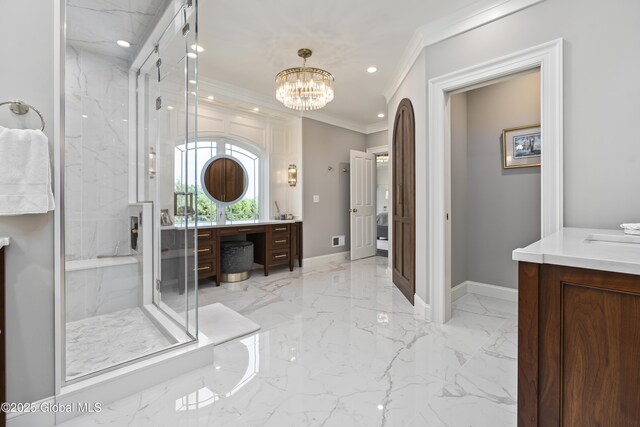 1 Stoneridge Dr, Colonie, NY 12211 - full bathroom with vanity, crown molding, marble tiled flooring, a marble finish shower, and recessed lighting