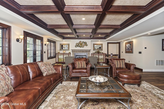 1 Stoneridge Dr, Colonie, NY 12211 - living room with wood finished floors, coffered ceiling, a fireplace, beam ceiling, and recessed lighting