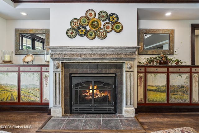 1 Stoneridge Dr, Colonie, NY 12211 - detailed view of a fireplace, wood finished floors, and recessed lighting