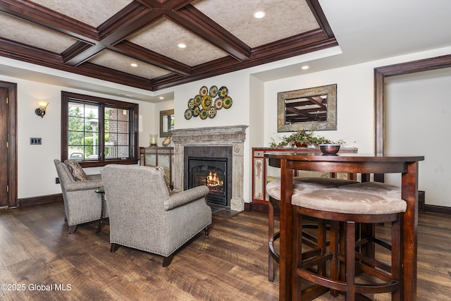 1 Stoneridge Dr, Colonie, NY 12211 - living area featuring dark wood-style flooring, a fireplace, ornamental molding, beamed ceiling, and coffered ceiling