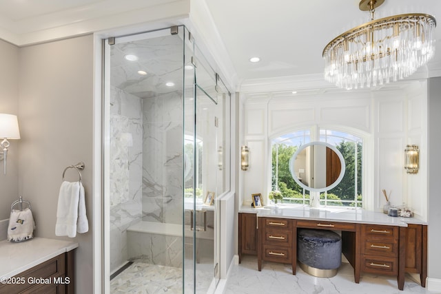 1 Stoneridge Dr, Colonie, NY 12211 - bathroom featuring marble finish flooring, a marble finish shower, vanity, a chandelier, and crown molding