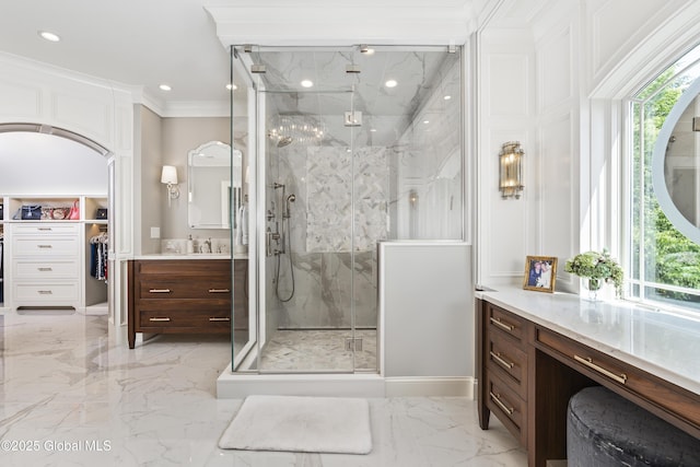 1 Stoneridge Dr, Colonie, NY 12211 - full bath with marble tiled flooring, vanity, a marble finish shower, recessed lighting, and ornamental molding