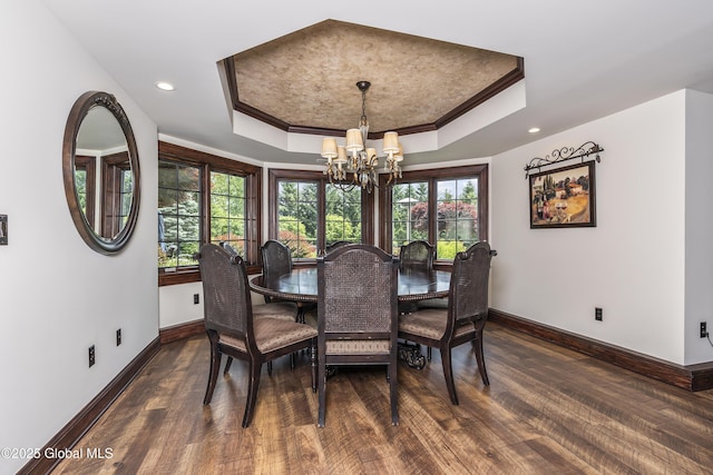1 Stoneridge Dr, Colonie, NY 12211 - dining area with a chandelier, a tray ceiling, dark wood-type flooring, ornamental molding, and recessed lighting