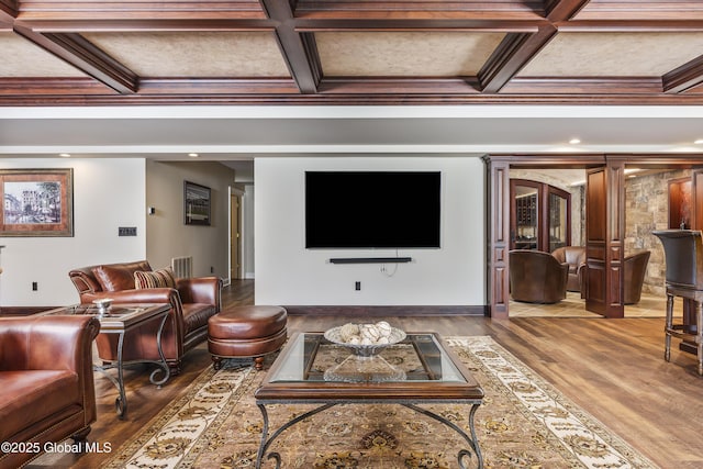 1 Stoneridge Dr, Colonie, NY 12211 - living room with coffered ceiling, wood finished floors, beam ceiling, recessed lighting, and crown molding