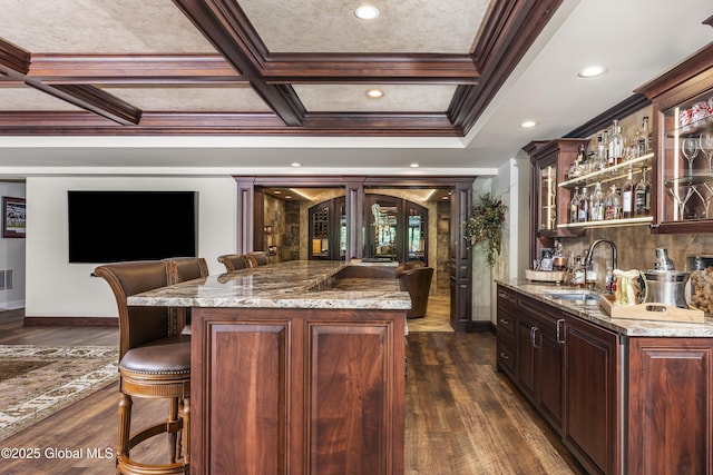 1 Stoneridge Dr, Colonie, NY 12211 - indoor wet bar featuring dark wood-style flooring, coffered ceiling, crown molding, recessed lighting, and beam ceiling