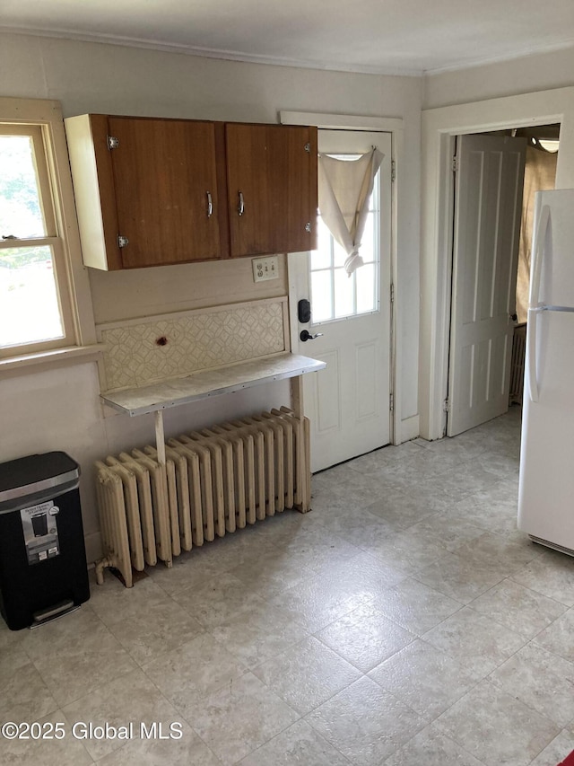 45 14th St, Troy, NY 12180 - kitchen featuring radiator, freestanding refrigerator, ornamental molding, and light countertops