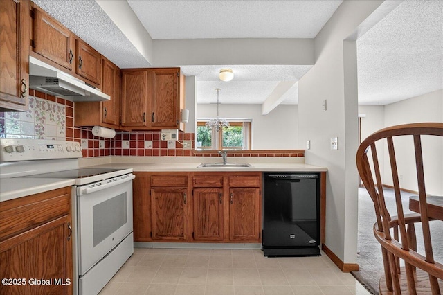 35 Justine Ct, East Greenbush, NY 12144 - kitchen with dishwasher, electric range, brown cabinets, under cabinet range hood, and decorative backsplash