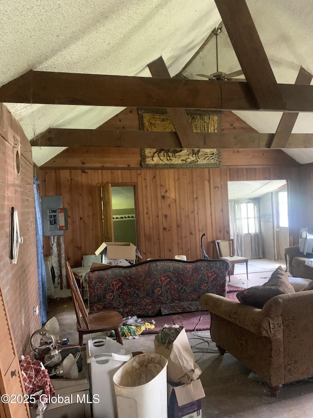 20 Lakeview Rd, Berne, NY 12059 - living area featuring wood walls, a ceiling fan, and electric panel