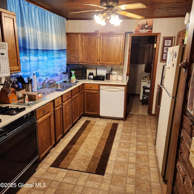 1948 Leo Ave, Rotterdam, NY 12306 - kitchen featuring white appliances, a sink, ceiling fan, light countertops, and wood ceiling