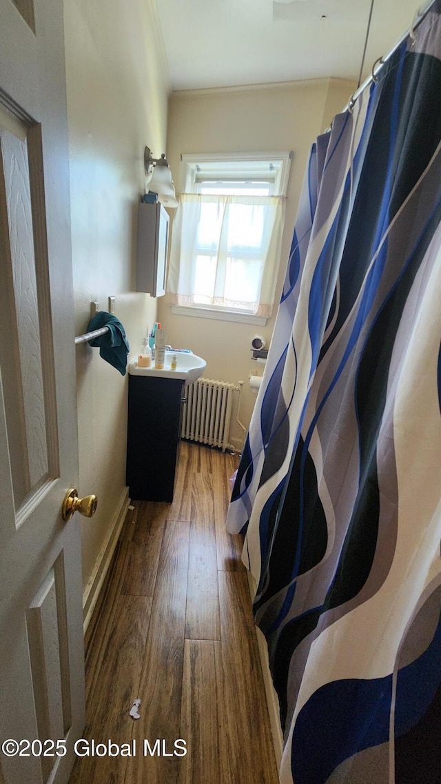 359 2nd Ave, Albany, NY 12209 - bathroom featuring radiator, wood finished floors, crown molding, vanity, and a shower with shower curtain