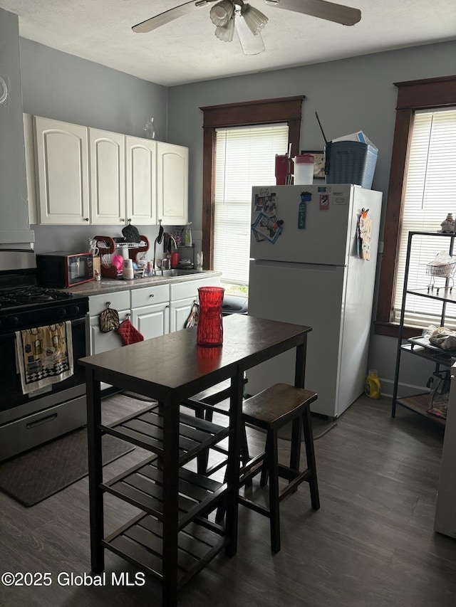 359 2nd Ave, Albany, NY 12209 - kitchen featuring stainless steel gas stove, a ceiling fan, freestanding refrigerator, black microwave, and white cabinetry